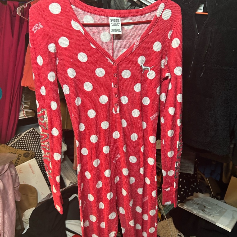 Pink/VS polka dot onesie